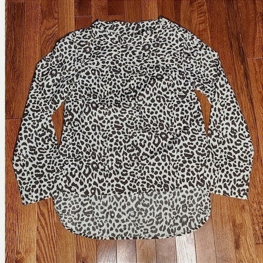 J. Crew Leopard Print‎ Shirt White Brown Long Sleeve Hi Low Classic 0